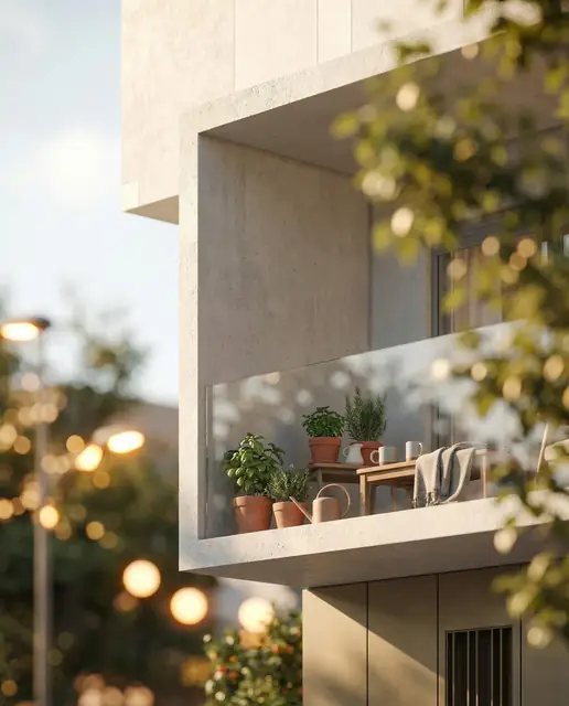 Infografía 3D de detalle de balcón al atardecer de Captar el Sur, propuesta de concurso restringido de viviendas (Orfila11)