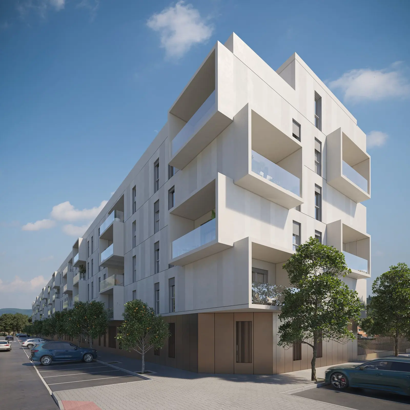 Infografía 3D de esquina del edificio con balcones volados de Captar el Sur, propuesta de concurso restringido de viviendas (Orfila11)