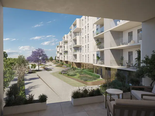 Infografía 3D de patio interior desde la terraza de una vivienda de Captar el Sur, propuesta de concurso restringido de viviendas (Orfila11)