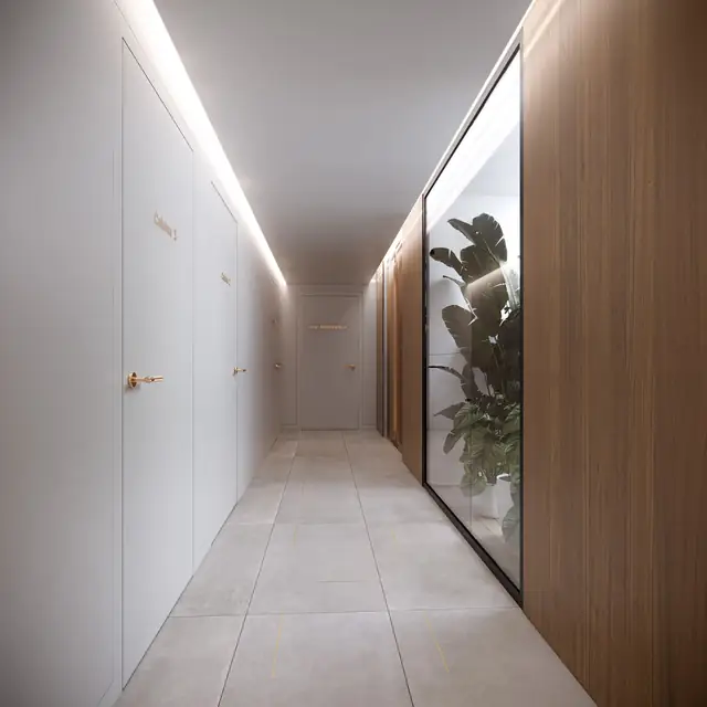 Infografía 3D de pasillo con jardín interior de Clínica Sobreviela, interiorismo de clínica de medicina estética en Girona (Cataluña) (Cristina Nogué Studio)