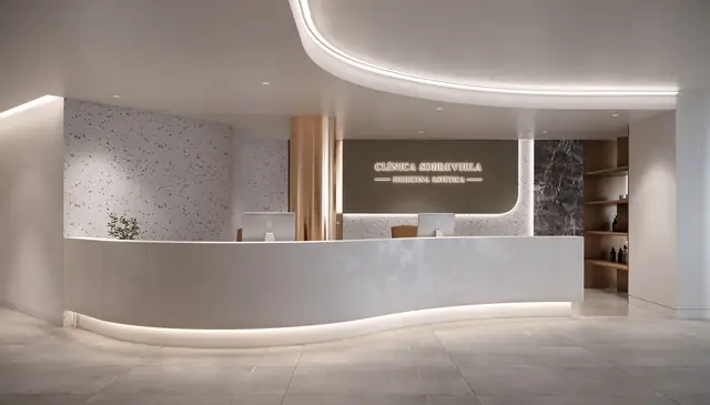 Infografía 3D de recepción de Clínica Sobreviela, interiorismo de clínica de medicina estética en Girona (Cataluña) (Cristina Nogué Studio)