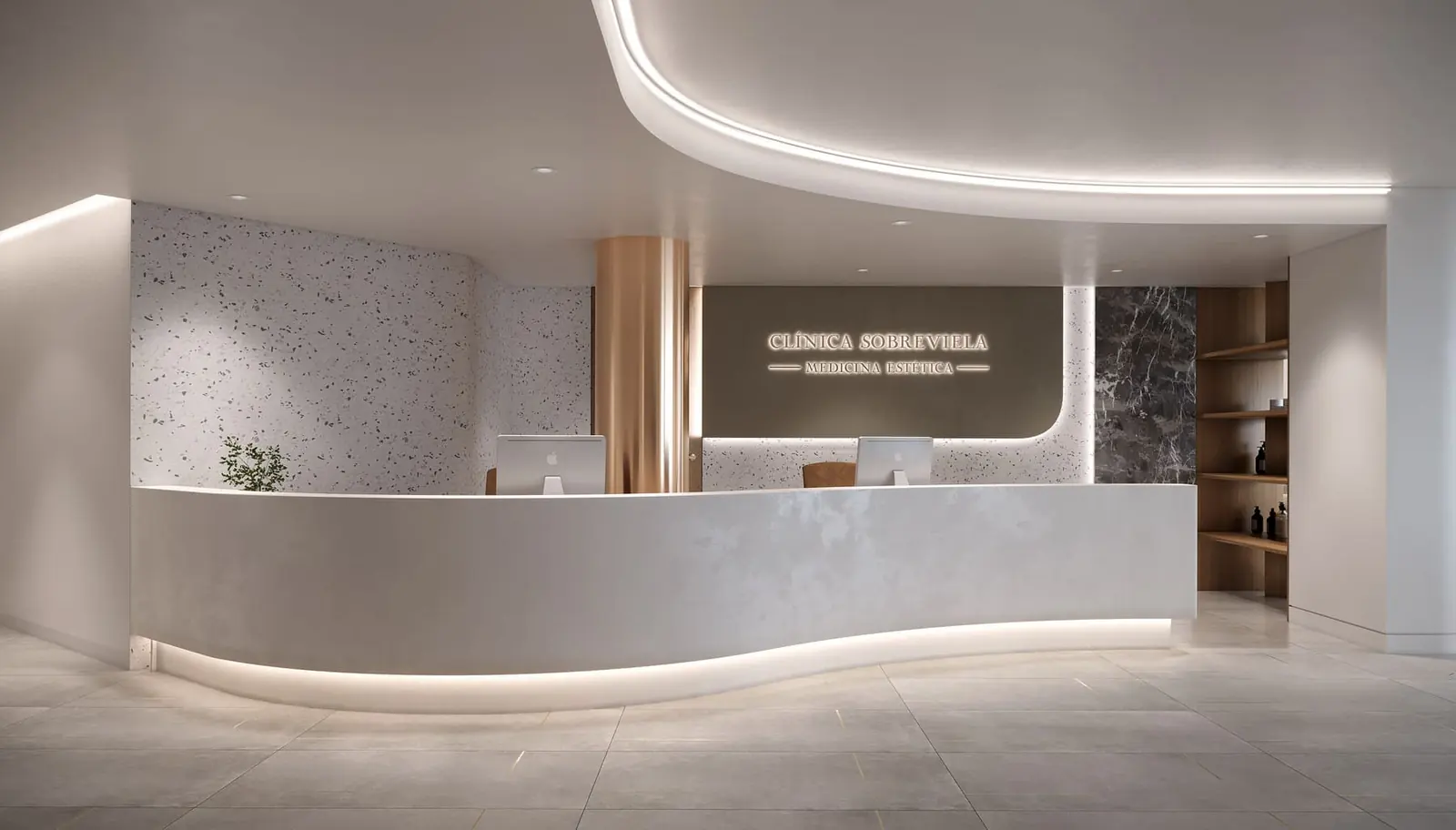 Infografía 3D de recepción de Clínica Sobreviela, interiorismo de clínica de medicina estética en Girona (Cataluña) (Cristina Nogué Studio)