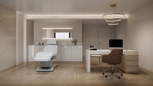 Infografía 3D de sala de tratamiento de Clínica Sobreviela, interiorismo de clínica de medicina estética en Girona (Cataluña) (Cristina Nogué Studio)