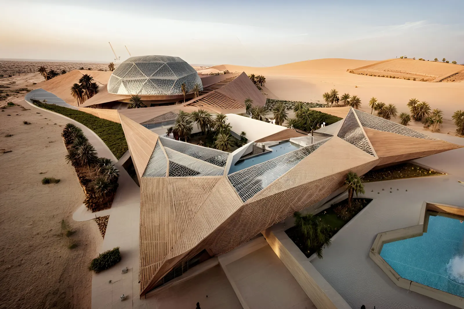 Infografía 3D de vista aérea del complejo entre dunas con cúpula y piscina de Complejo de pádel en Riyadh, complejo de pádel en Riyadh, Arabia Saudí (A1Padel)