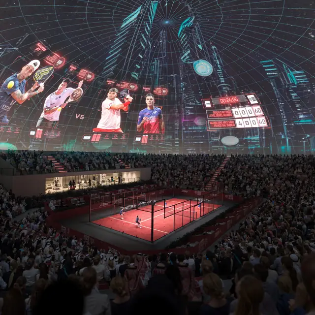 Infografía 3D de estadio principal de pádel con cúpula de pantallas y graderío de Complejo de pádel en Riyadh, complejo de pádel en Riyadh, Arabia Saudí (A1Padel)