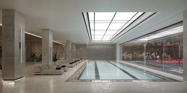 Infografía 3D de piscina cubierta y zona de spa de Complejo de pádel en Riyadh, complejo de pádel en Riyadh, Arabia Saudí (A1Padel)