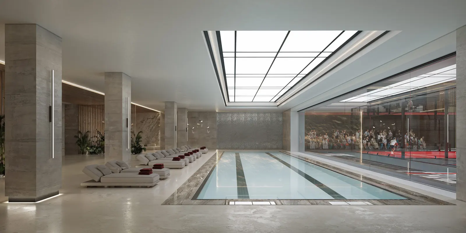 Infografía 3D de piscina cubierta y zona de spa de Complejo de pádel en Riyadh, complejo de pádel en Riyadh, Arabia Saudí (A1Padel)