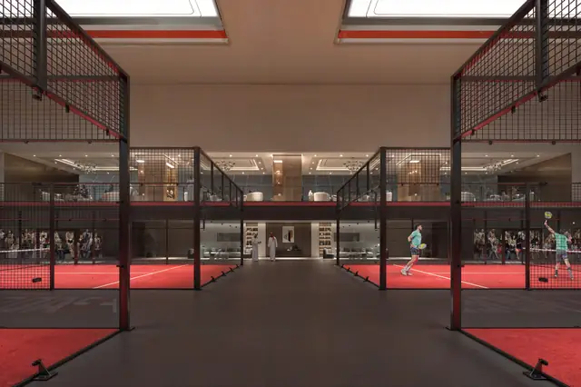 Infografía 3D de pistas de pádel cubiertas con pasarela central de Complejo de pádel en Riyadh, complejo de pádel en Riyadh, Arabia Saudí (A1Padel)