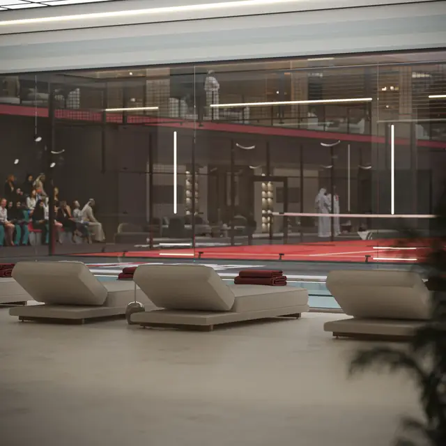 Infografía 3D de zona de descanso VIP con tumbonas junto a las pistas de Complejo de pádel en Riyadh, complejo de pádel en Riyadh, Arabia Saudí (A1Padel)