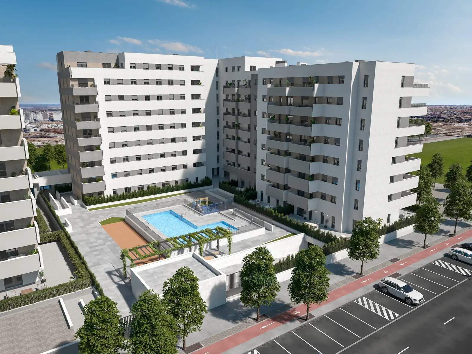 Infografía 3D de vista aérea general del conjunto y su entorno de Erithea I y II, promoción residencial en Entrenúcleos, Dos Hermanas (Sevilla) (eaforum)