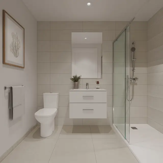Infografía 3D de baño principal de Erithea I y II, promoción residencial en Entrenúcleos, Dos Hermanas (Sevilla) (eaforum)