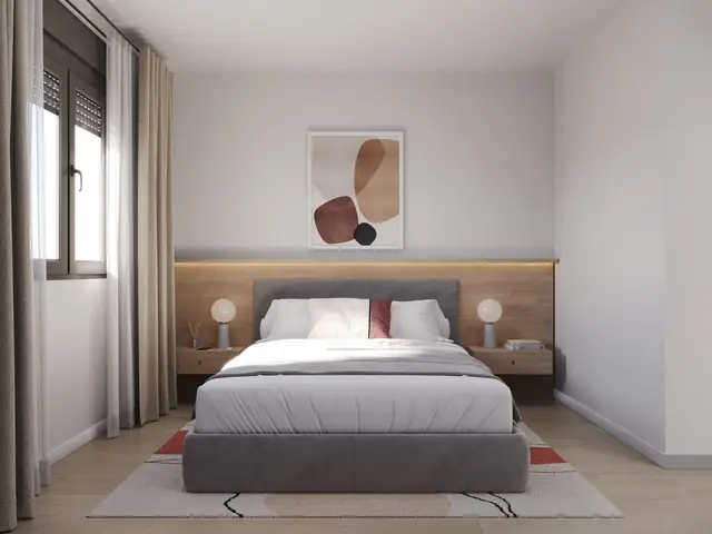 Infografía 3D de dormitorio principal de Erithea I y II, promoción residencial en Entrenúcleos, Dos Hermanas (Sevilla) (eaforum)