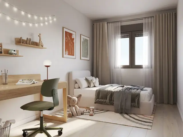 Infografía 3D de dormitorio secundario de Erithea I y II, promoción residencial en Entrenúcleos, Dos Hermanas (Sevilla) (eaforum)
