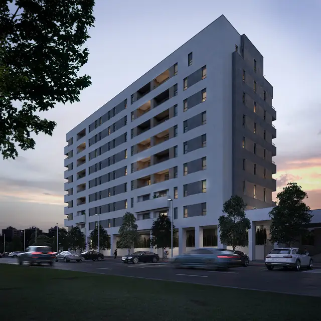 Infografía 3D de fachada al atardecer de Erithea I y II, promoción residencial en Entrenúcleos, Dos Hermanas (Sevilla) (eaforum)