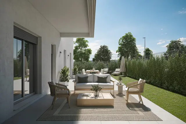 Infografía 3D de jardín privado de una vivienda en planta baja de Erithea I y II, promoción residencial en Entrenúcleos, Dos Hermanas (Sevilla) (eaforum)