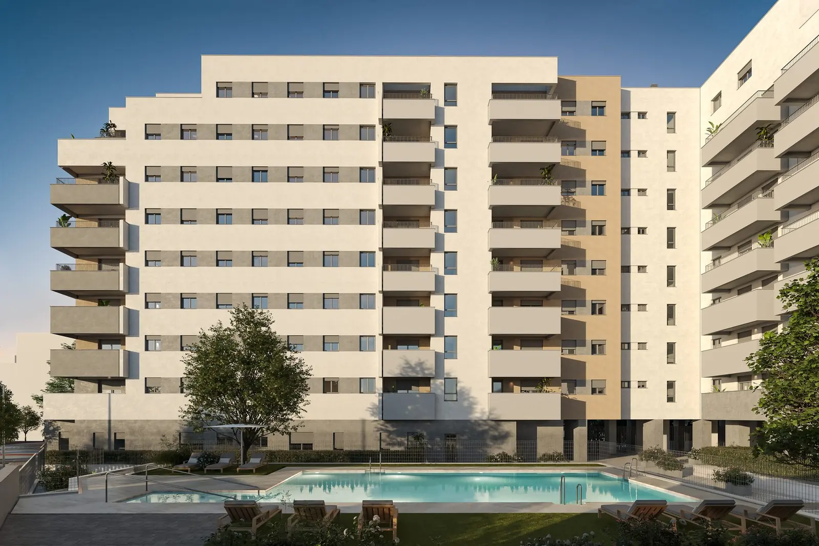 Infografía 3D de piscina comunitaria y fachada de Erithea I y II, promoción residencial en Entrenúcleos, Dos Hermanas (Sevilla) (eaforum)