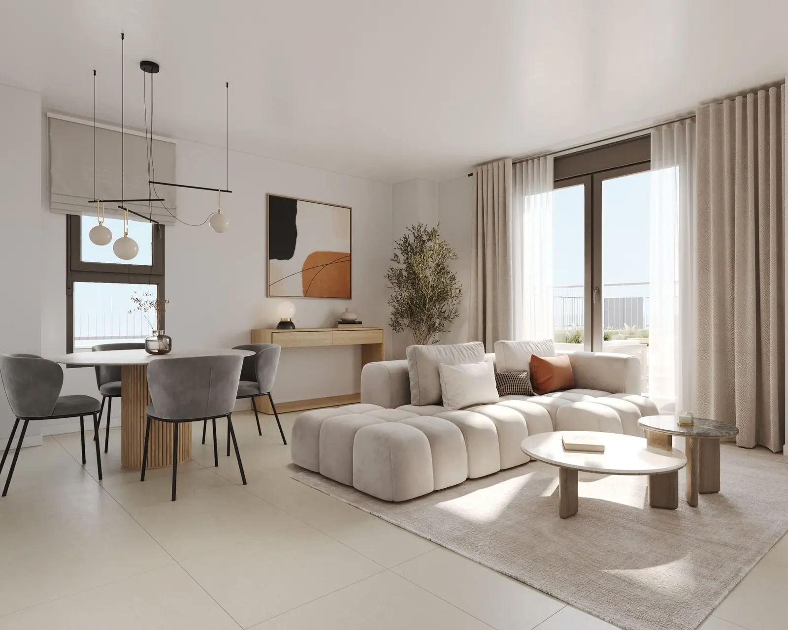 Infografía 3D de salón y comedor de Erithea I y II, promoción residencial en Entrenúcleos, Dos Hermanas (Sevilla) (eaforum)