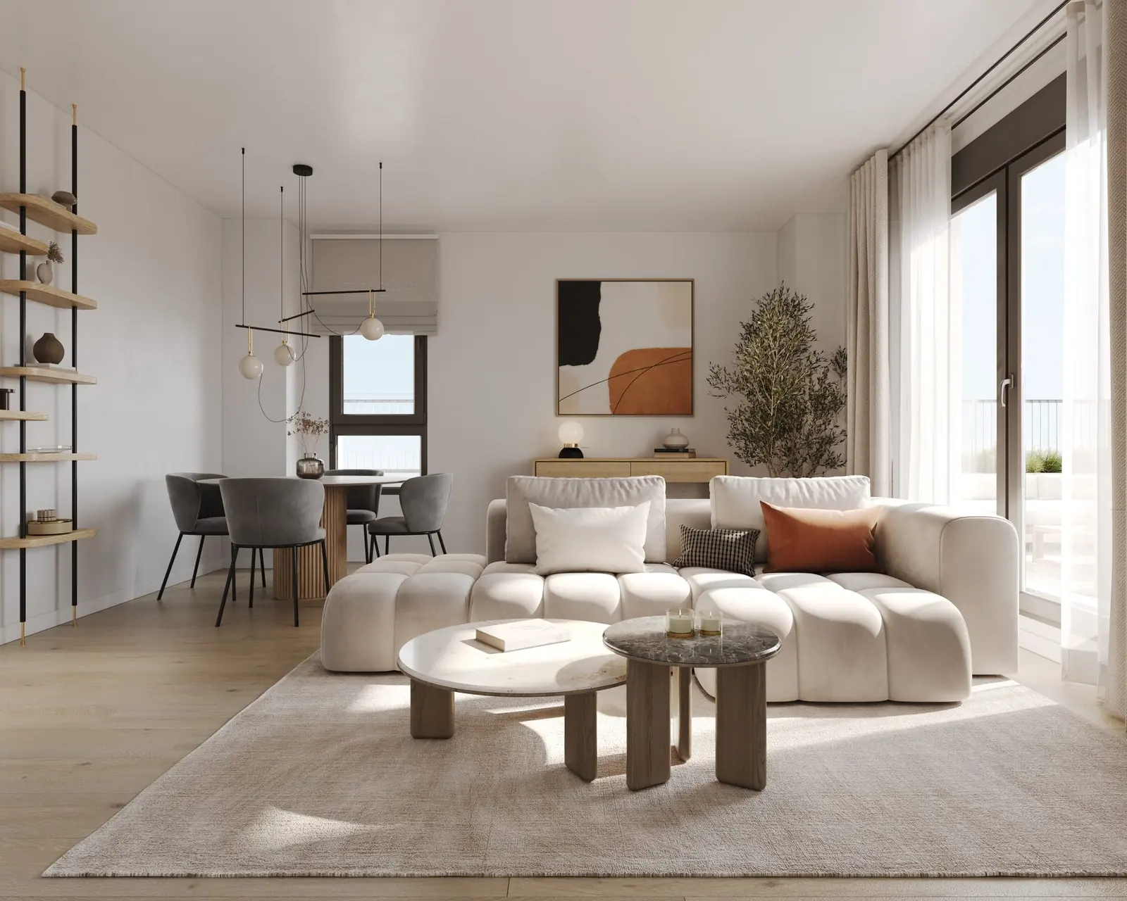 Infografía 3D de salón de una vivienda en planta baja de Erithea I y II, promoción residencial en Entrenúcleos, Dos Hermanas (Sevilla) (eaforum)