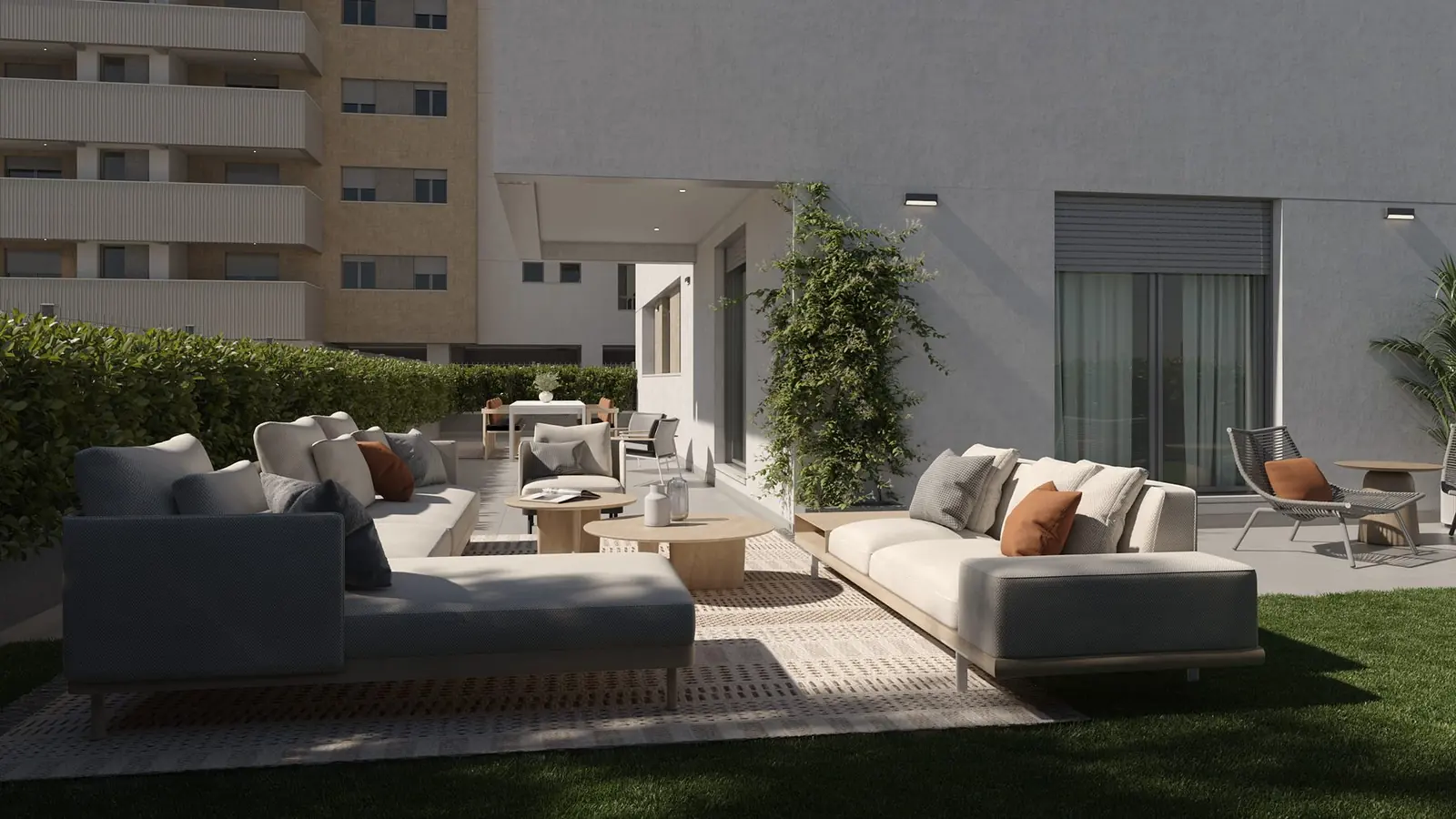 Infografía 3D de terraza de una vivienda en planta baja de Erithea I y II, promoción residencial en Entrenúcleos, Dos Hermanas (Sevilla) (eaforum)