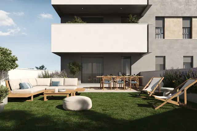 Infografía 3D de terraza de una vivienda en planta primera de Erithea I y II, promoción residencial en Entrenúcleos, Dos Hermanas (Sevilla) (eaforum)