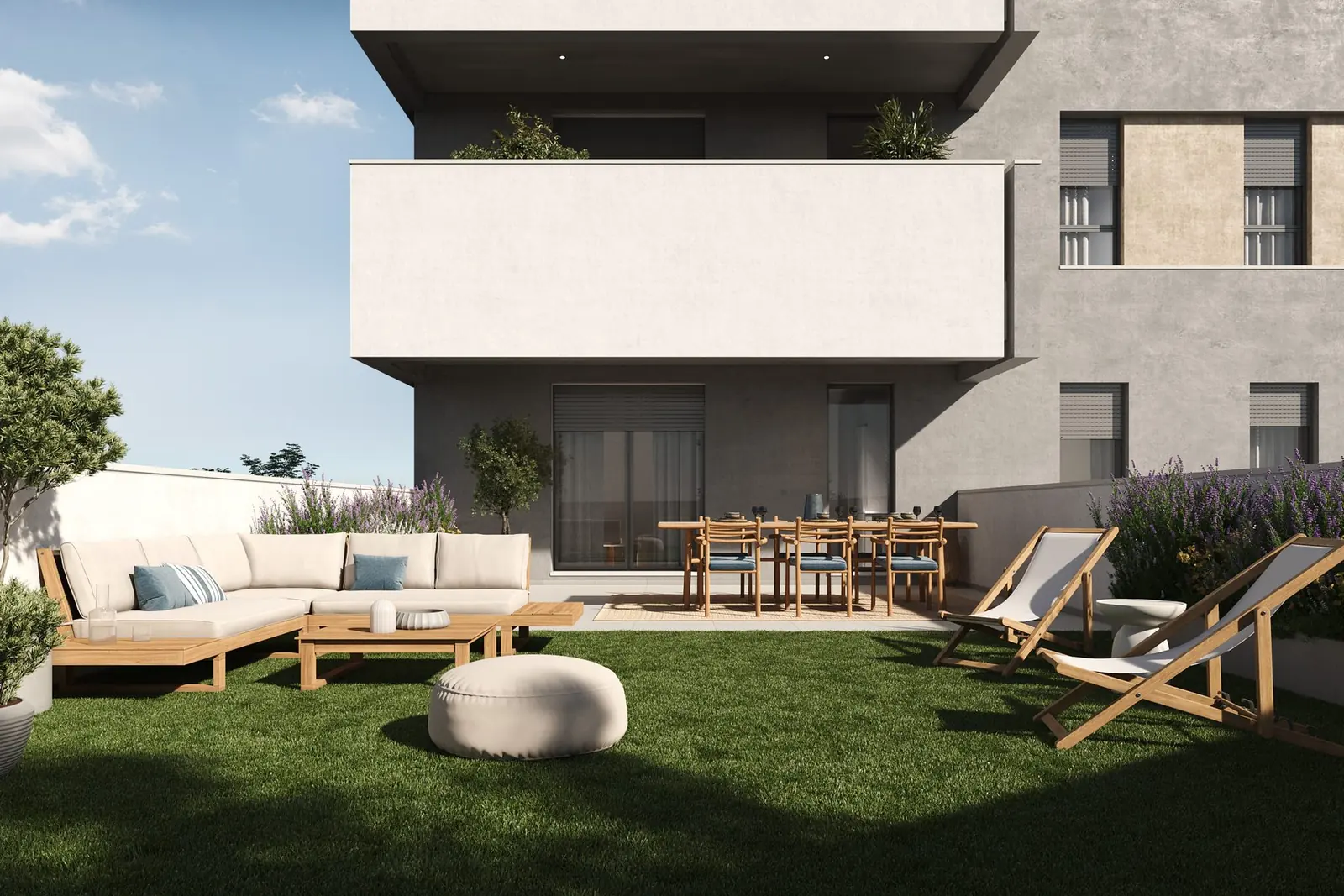 Infografía 3D de terraza de una vivienda en planta primera de Erithea I y II, promoción residencial en Entrenúcleos, Dos Hermanas (Sevilla) (eaforum)