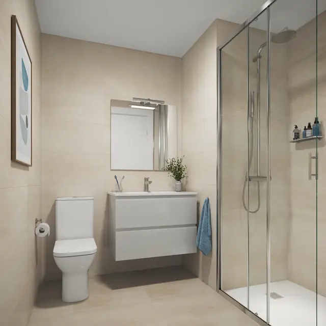 Infografía 3D de baño de Fábrica de Vidrios, promoción residencial en Sevilla (Ámbito Arquitectura y Bakpak Arquitectos)