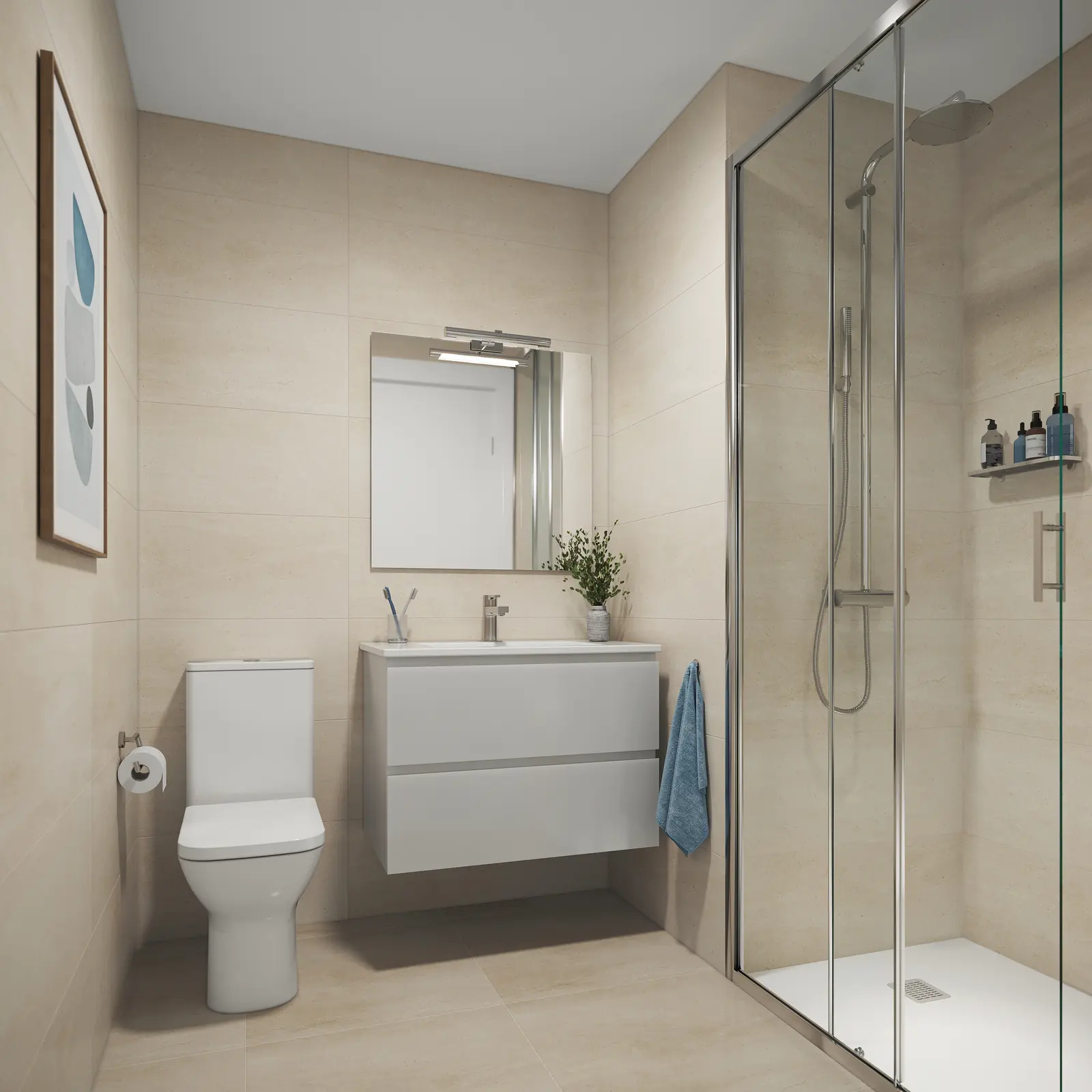 Infografía 3D de baño de Fábrica de Vidrios, promoción residencial en Sevilla (Ámbito Arquitectura y Bakpak Arquitectos)