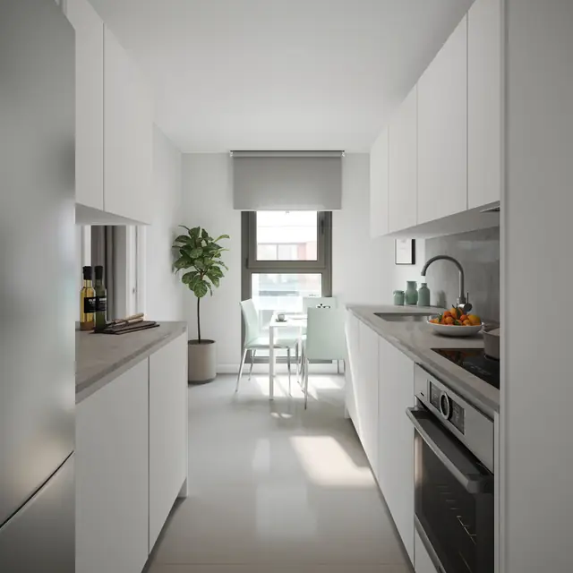 Infografía 3D de cocina de Fábrica de Vidrios, promoción residencial en Sevilla (Ámbito Arquitectura y Bakpak Arquitectos)