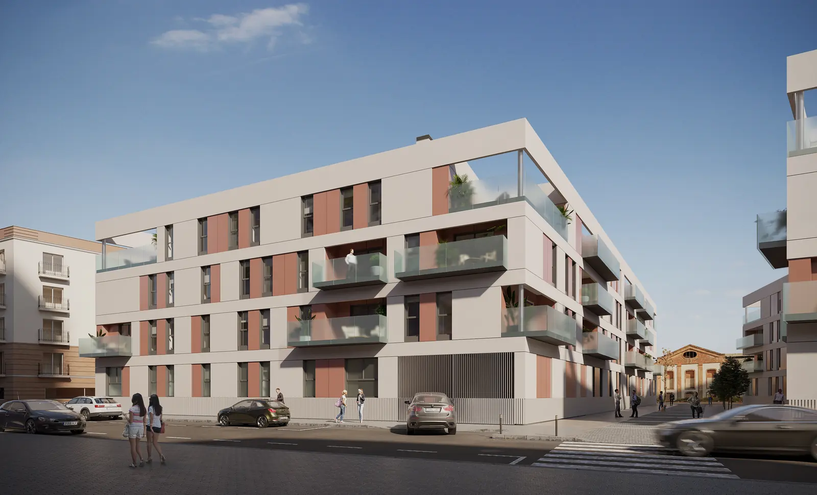 Infografía 3D de fachada a la calle con acceso al garaje de Fábrica de Vidrios, promoción residencial en Sevilla (Ámbito Arquitectura y Bakpak Arquitectos)