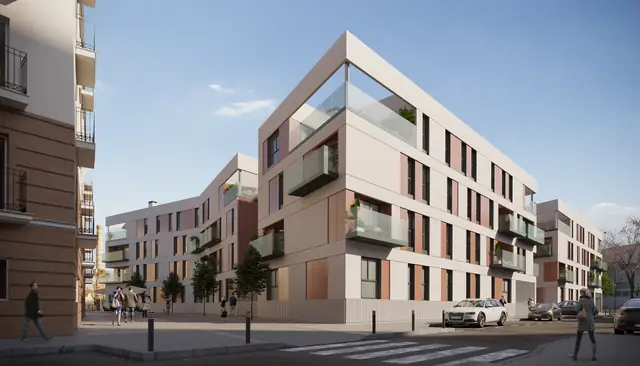 Infografía 3D de fachada en esquina con balcones de vidrio de Fábrica de Vidrios, promoción residencial en Sevilla (Ámbito Arquitectura y Bakpak Arquitectos)