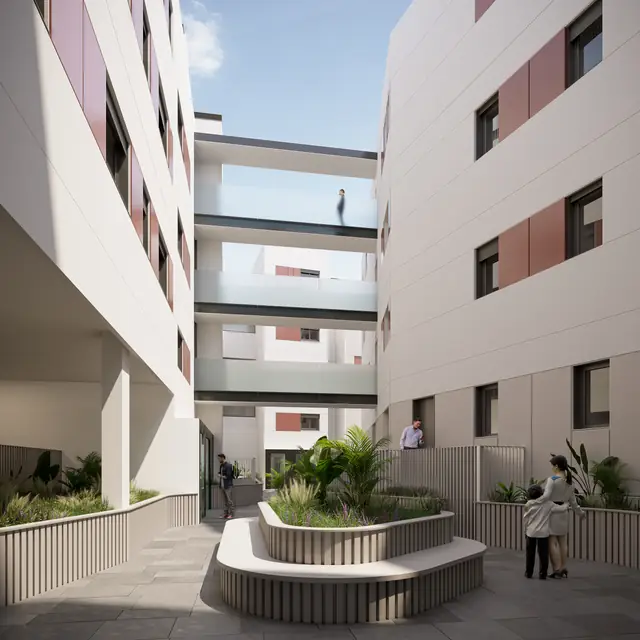 Infografía 3D de patio interior ajardinado con pasarelas de Fábrica de Vidrios, promoción residencial en Sevilla (Ámbito Arquitectura y Bakpak Arquitectos)