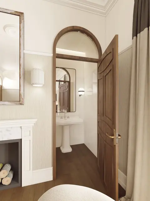 Infografía 3D de acceso al baño de la habitación de Hotel en Andújar, rehabilitación hotelera en Andújar (Jaén) (nobo estudio)