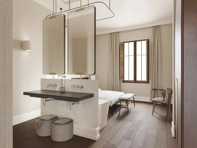 Infografía 3D de habitación con baño abierto de Hotel en Andújar, rehabilitación hotelera en Andújar (Jaén) (nobo estudio)