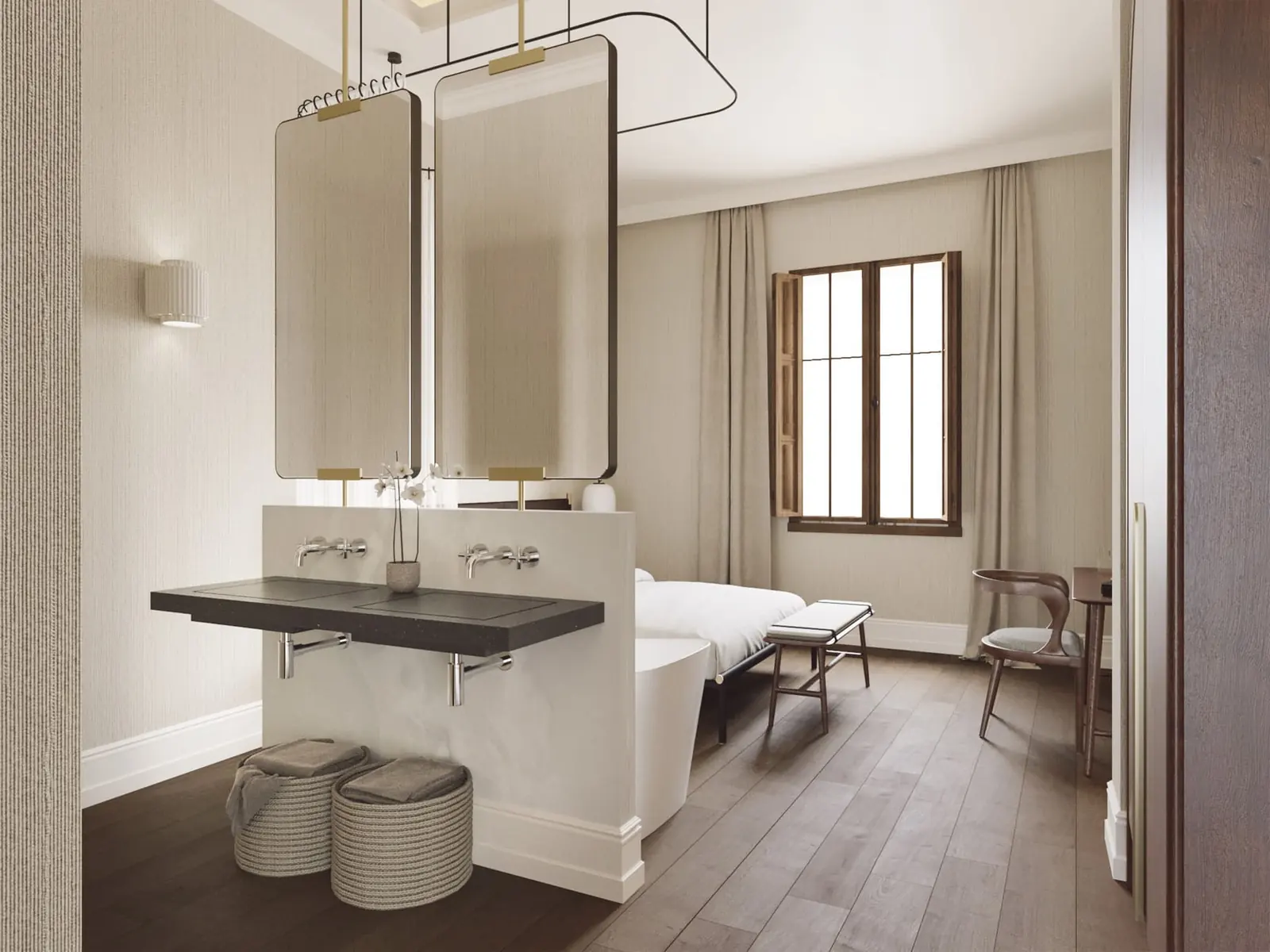 Infografía 3D de habitación con baño abierto de Hotel en Andújar, rehabilitación hotelera en Andújar (Jaén) (nobo estudio)
