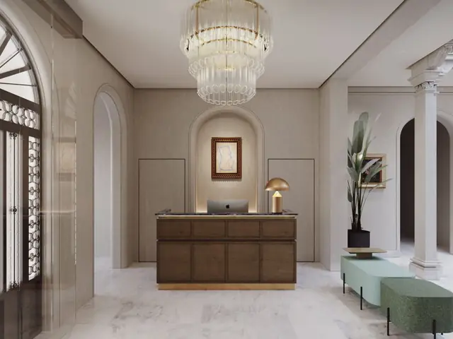 Infografía 3D de recepción de Hotel en Andújar, rehabilitación hotelera en Andújar (Jaén) (nobo estudio)