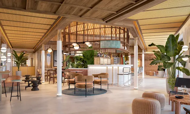 Infografía 3D de bar del lobby con techos de ratán y vigas de madera de Hotel en Lisboa, interiorismo hotelero en Lisboa, Portugal (Astet Studio)