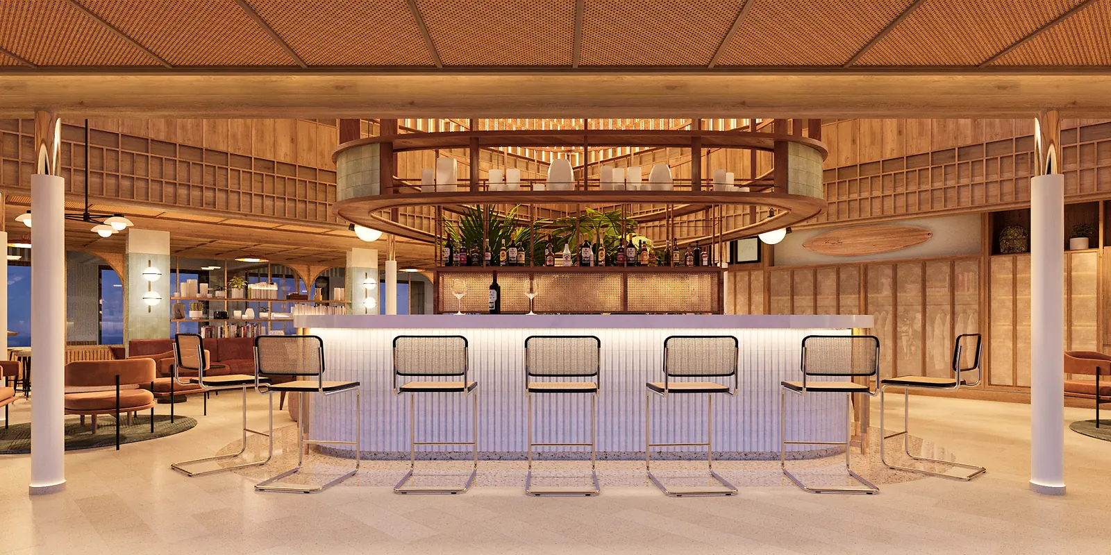 Infografía 3D de barra del bar con taburetes de rejilla de Hotel en Lisboa, interiorismo hotelero en Lisboa, Portugal (Astet Studio)