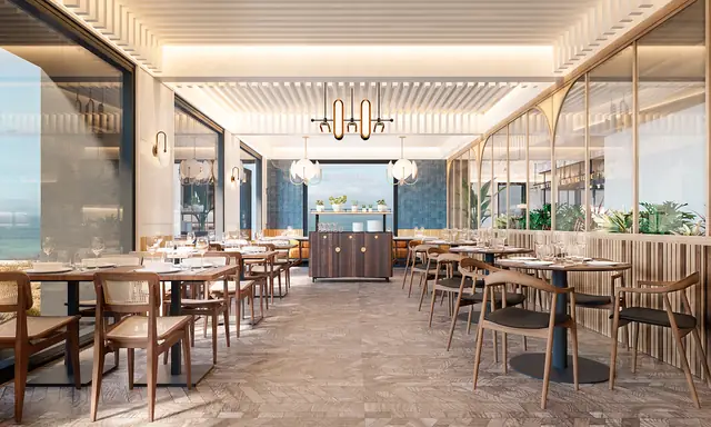 Infografía 3D de comedor del restaurante con techo de lamas de Hotel en Lisboa, interiorismo hotelero en Lisboa, Portugal (Astet Studio)