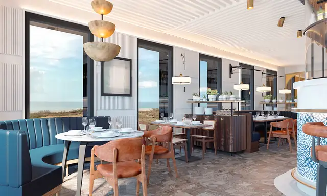 Infografía 3D de restaurante con bancos tapizados en azul y vistas al mar de Hotel en Lisboa, interiorismo hotelero en Lisboa, Portugal (Astet Studio)