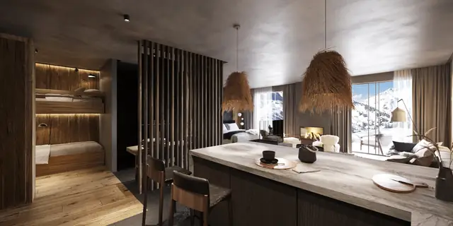 Infografía 3D de cocina con isla y literas junto a la zona de estar de Hotel en Sierra Nevada, interiorismo hotelero en Sierra Nevada (Granada) (Donaire Arquitectos)