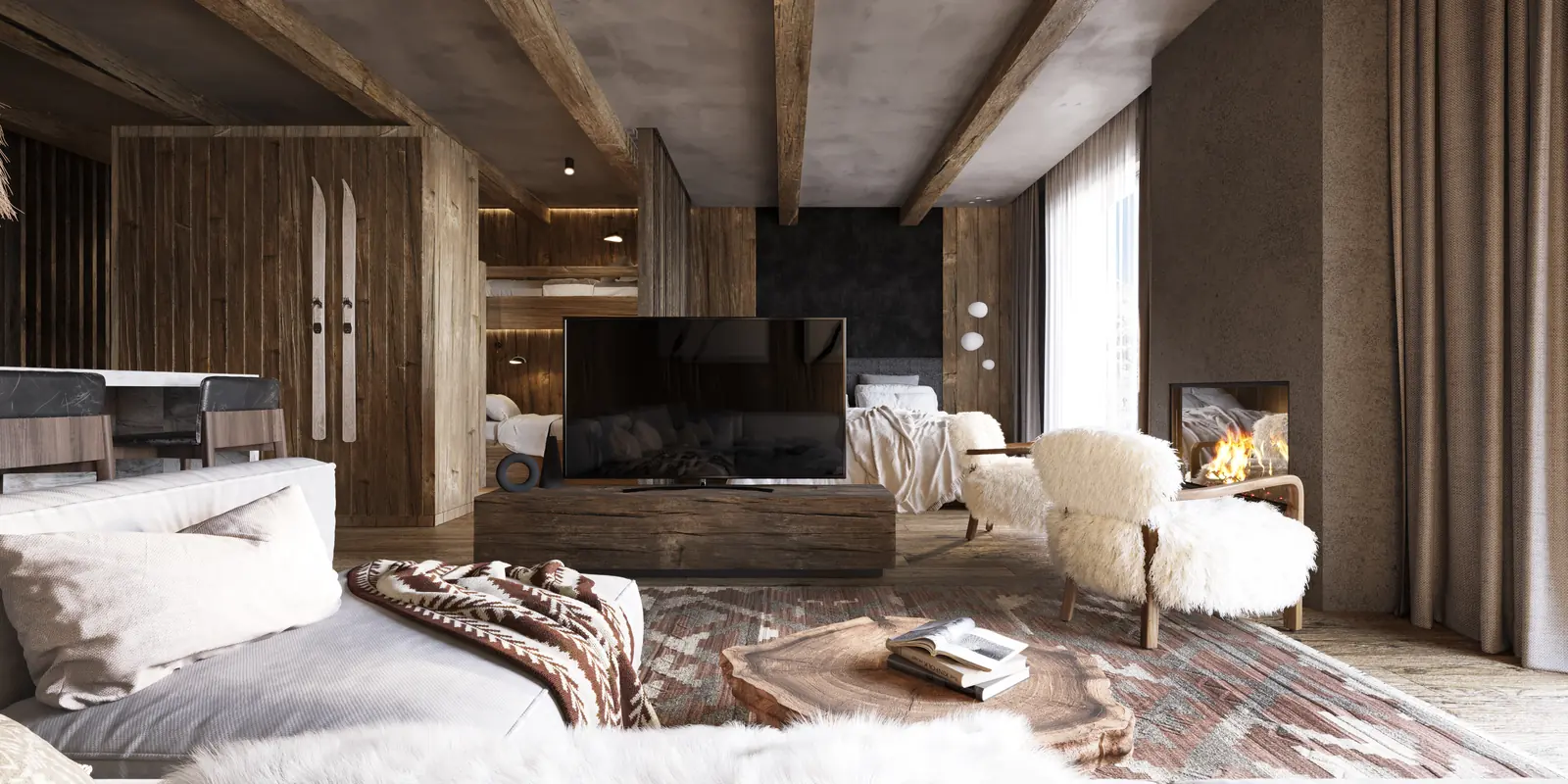 Infografía 3D de zona de estar con chimenea y cama al fondo de Hotel en Sierra Nevada, interiorismo hotelero en Sierra Nevada (Granada) (Donaire Arquitectos)