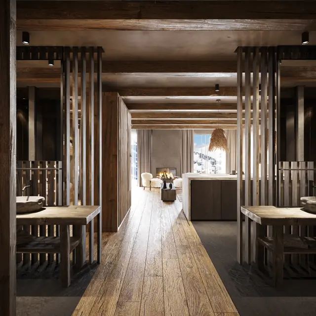 Infografía 3D de paso entre lavabos hacia la zona de estar de la suite de Hotel en Sierra Nevada, interiorismo hotelero en Sierra Nevada (Granada) (Donaire Arquitectos)
