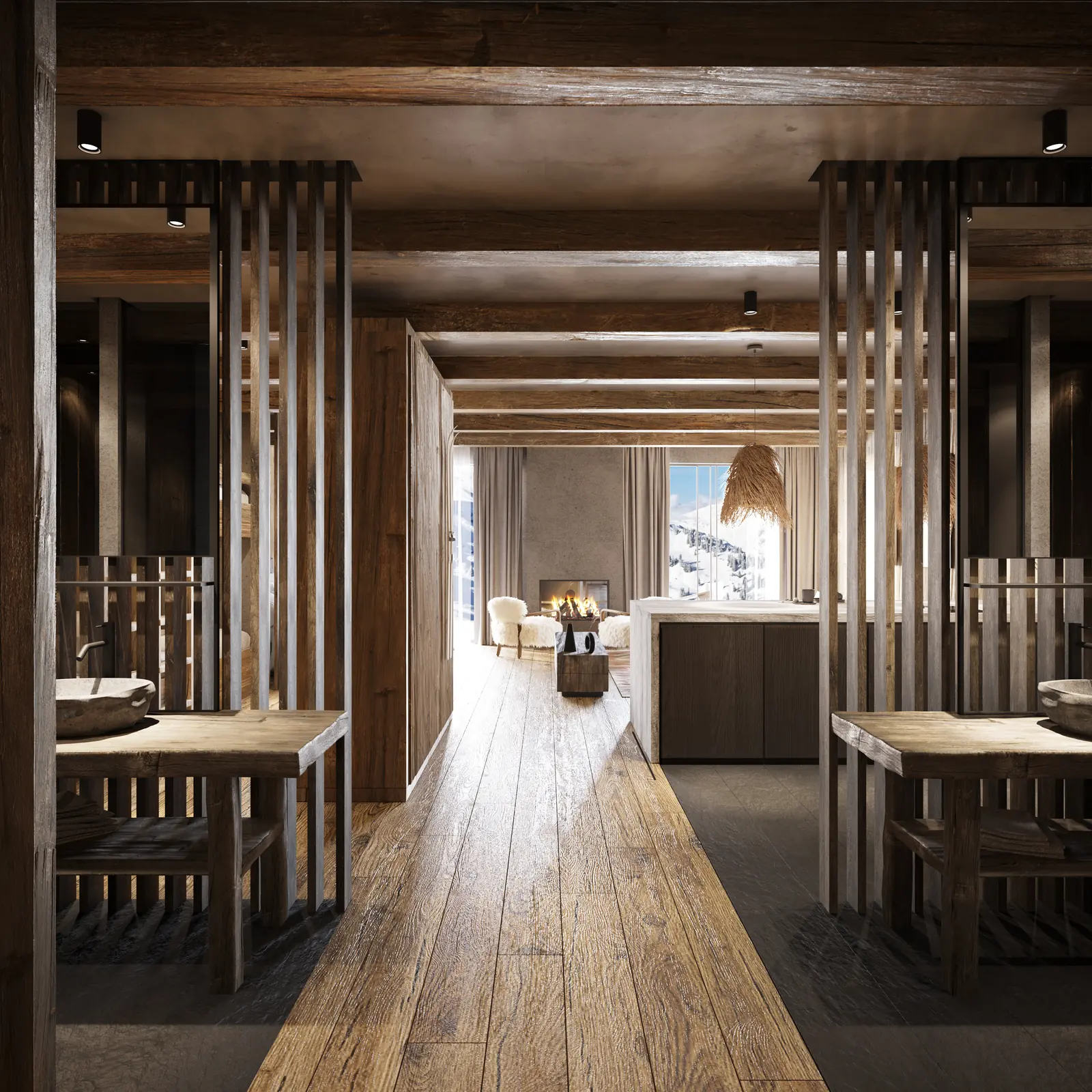 Infografía 3D de paso entre lavabos hacia la zona de estar de la suite de Hotel en Sierra Nevada, interiorismo hotelero en Sierra Nevada (Granada) (Donaire Arquitectos)