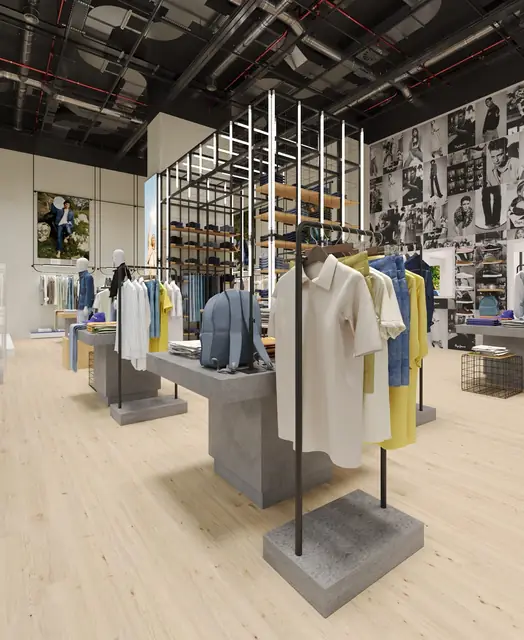 Infografía 3D de burros de camisas junto al módulo central de Pepe Jeans London Colombo, tienda retail en el centro comercial Colombo, Lisboa (AWWG)