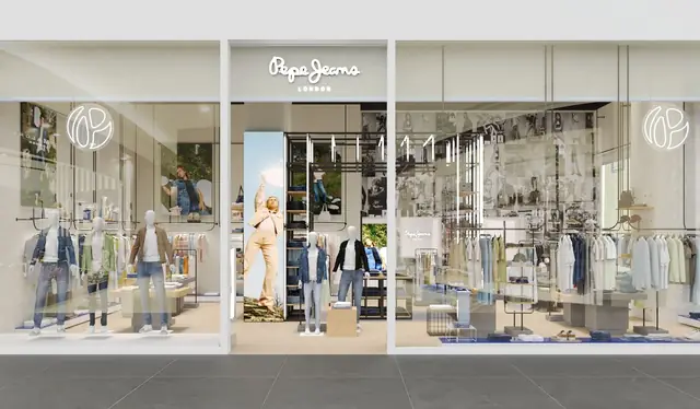 Infografía 3D de escaparate y fachada con el rótulo de la marca de Pepe Jeans London Colombo, tienda retail en el centro comercial Colombo, Lisboa (AWWG)