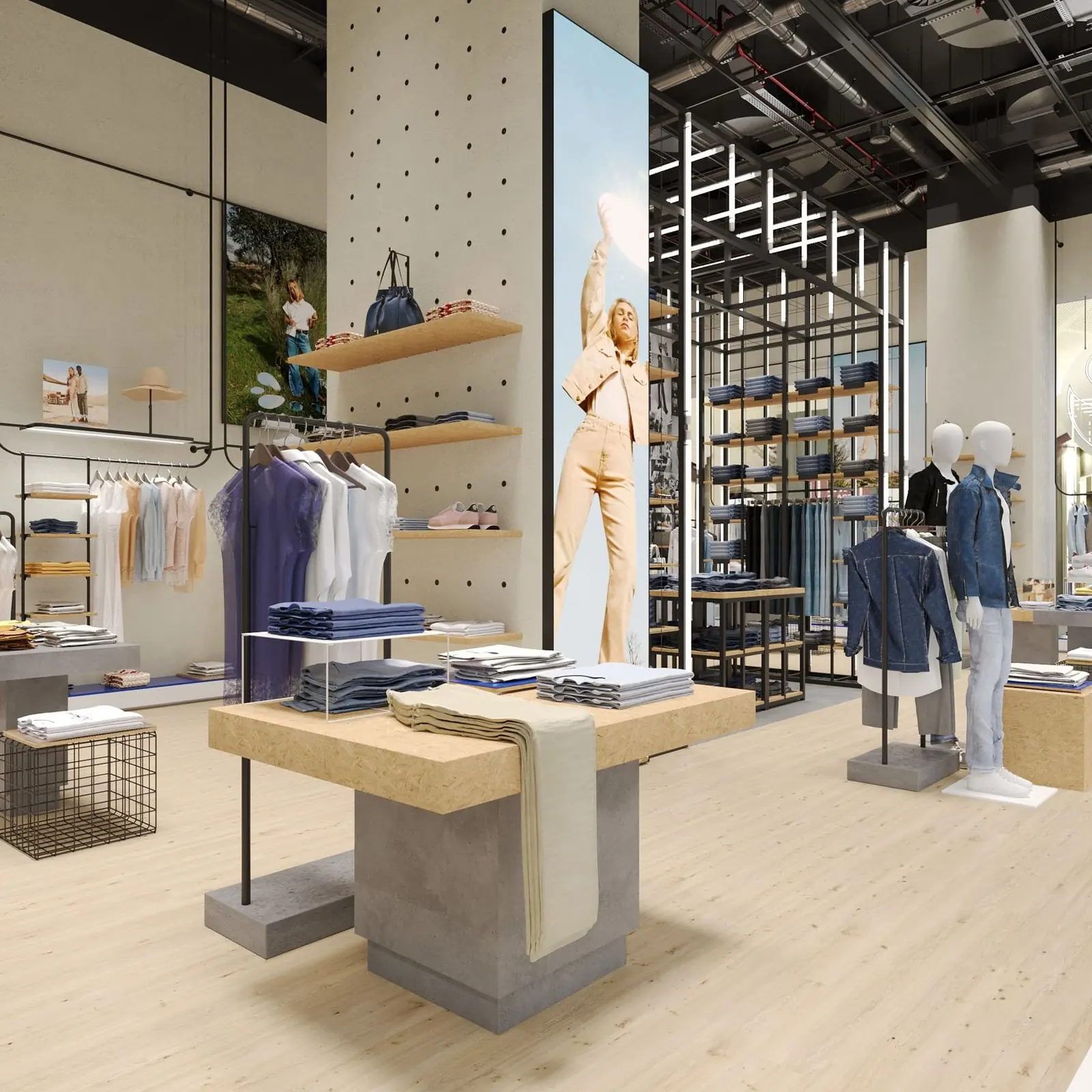 Infografía 3D de mesa de OSB y hormigón junto a la columna perforada de Pepe Jeans London Colombo, tienda retail en el centro comercial Colombo, Lisboa (AWWG)