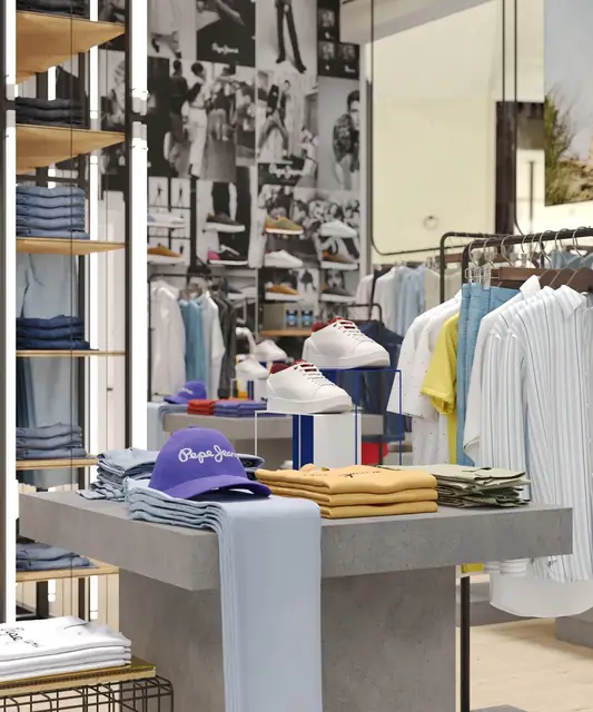 Infografía 3D de mesa de producto con gorras y calzado de Pepe Jeans London Colombo, tienda retail en el centro comercial Colombo, Lisboa (AWWG)