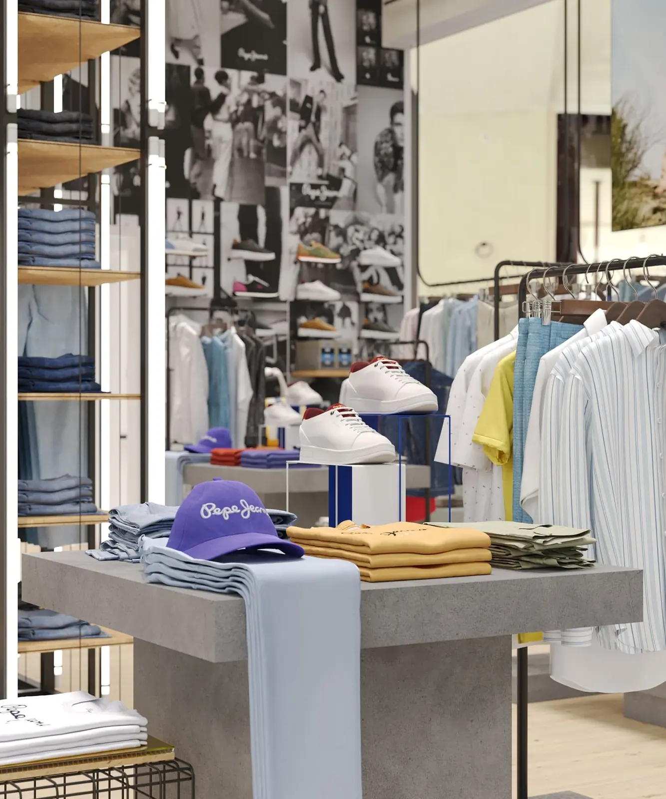 Infografía 3D de mesa de producto con gorras y calzado de Pepe Jeans London Colombo, tienda retail en el centro comercial Colombo, Lisboa (AWWG)