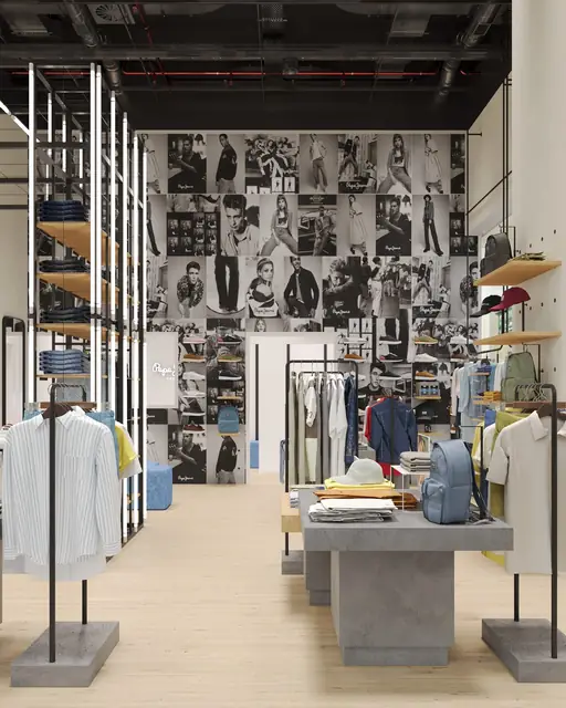Infografía 3D de pasillo hacia el mural fotográfico en blanco y negro de Pepe Jeans London Colombo, tienda retail en el centro comercial Colombo, Lisboa (AWWG)