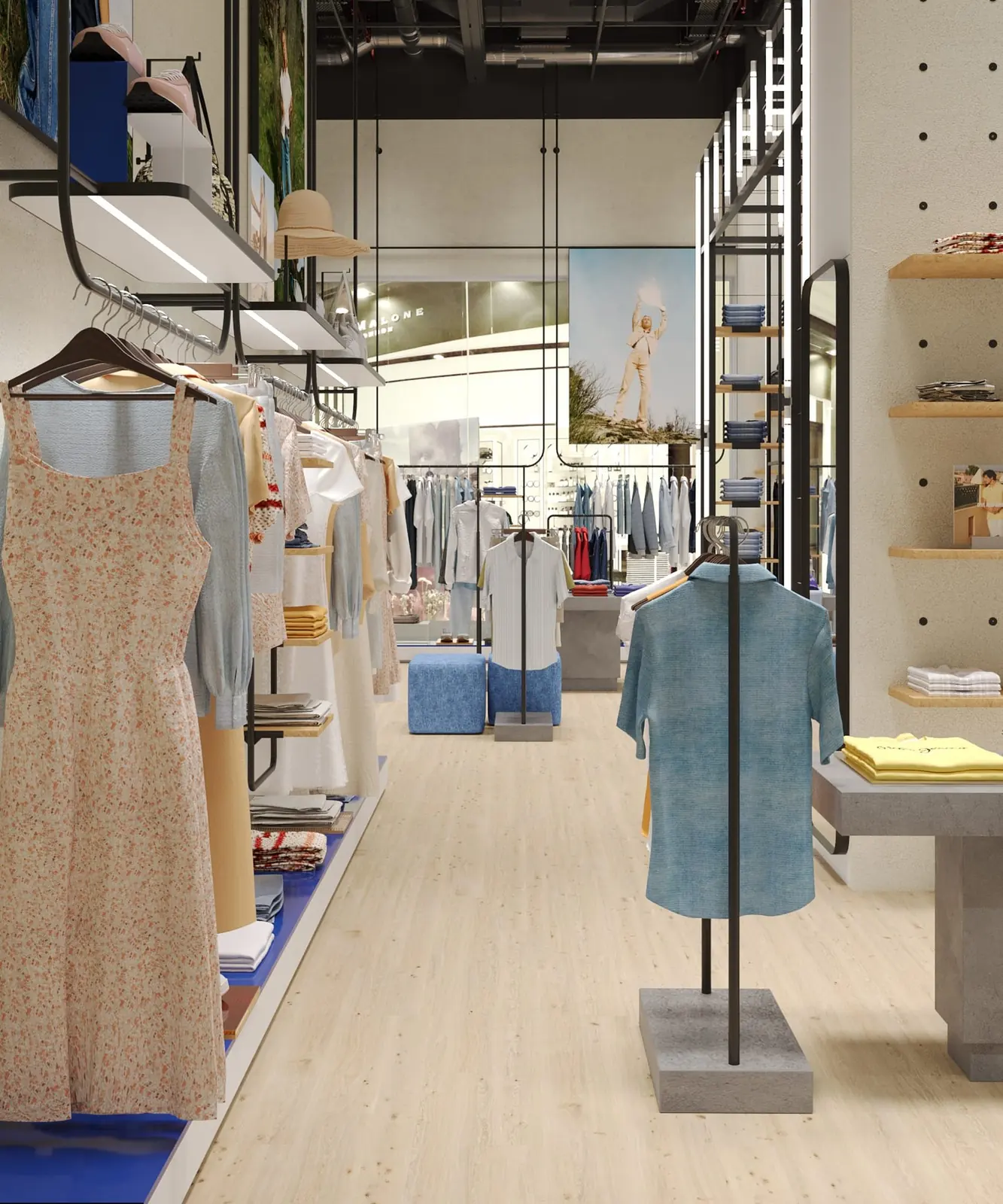 Infografía 3D de pasillo con perchas de vestidos de Pepe Jeans London Colombo, tienda retail en el centro comercial Colombo, Lisboa (AWWG)